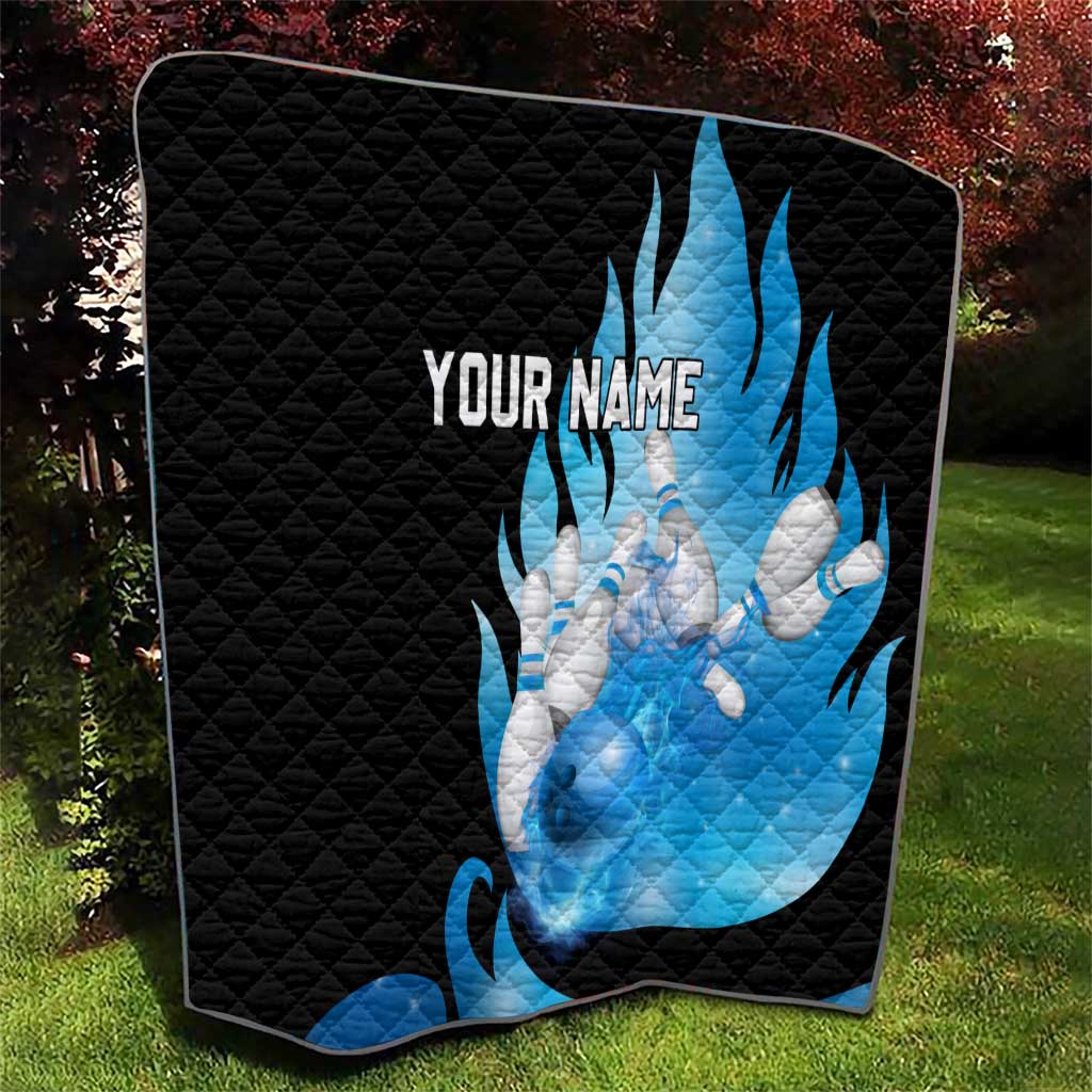 Blue Flame Bowling Ball and Pins Design Quilt with Smoke Effects and Custom Team Name Text - Wonder Print Shop