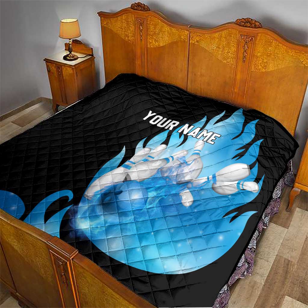 Blue Flame Bowling Ball and Pins Design Quilt with Smoke Effects and Custom Team Name Text - Wonder Print Shop