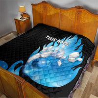 Blue Flame Bowling Ball and Pins Design Quilt with Smoke Effects and Custom Team Name Text - Wonder Print Shop
