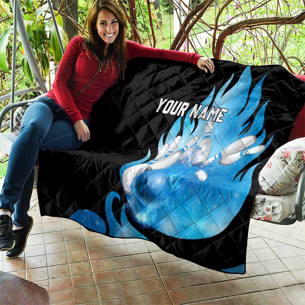 Blue Flame Bowling Ball and Pins Design Quilt with Smoke Effects and Custom Team Name Text - Wonder Print Shop