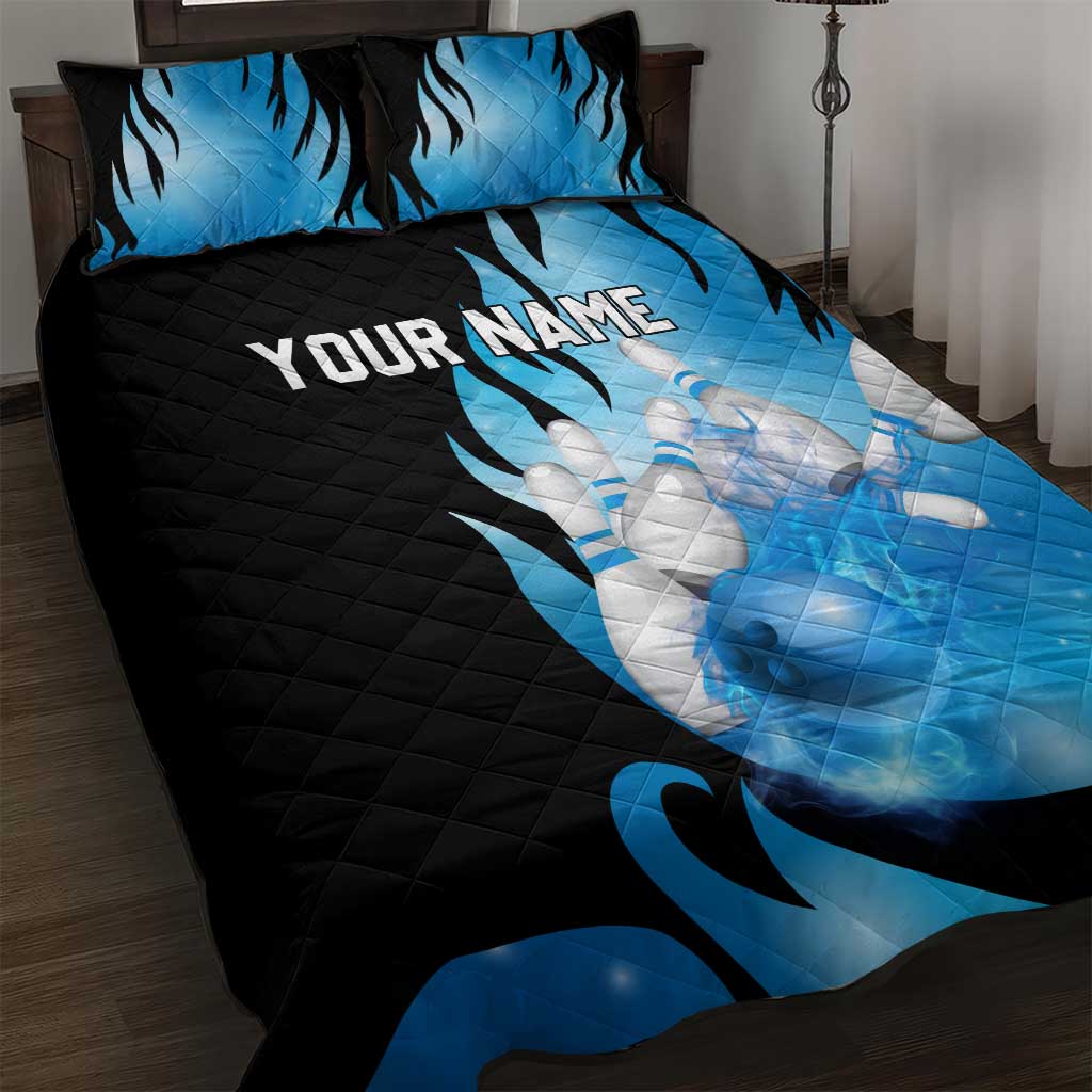 Blue Flame Bowling Ball and Pins Design Quilt Bed Set with Smoke Effects and Custom Team Name Text - Wonder Print Shop