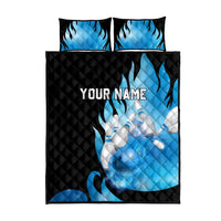 Blue Flame Bowling Ball and Pins Design Quilt Bed Set with Smoke Effects and Custom Team Name Text - Wonder Print Shop
