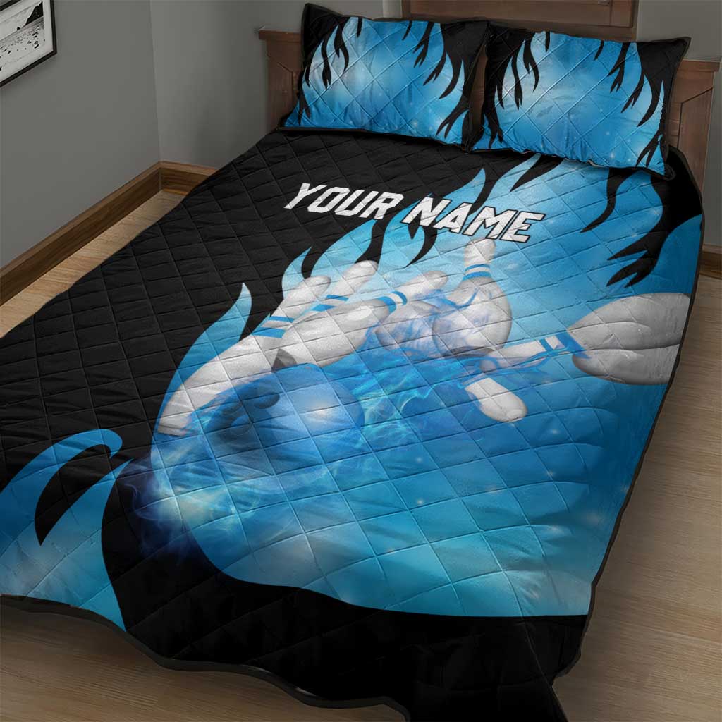 Blue Flame Bowling Ball and Pins Design Quilt Bed Set with Smoke Effects and Custom Team Name Text - Wonder Print Shop