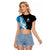 Blue Flame Bowling Ball and Pins Design Raglan Cropped T Shirt with Smoke Effects and Custom Team Name Text - Wonder Print Shop