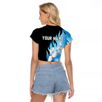 Blue Flame Bowling Ball and Pins Design Raglan Cropped T Shirt with Smoke Effects and Custom Team Name Text - Wonder Print Shop