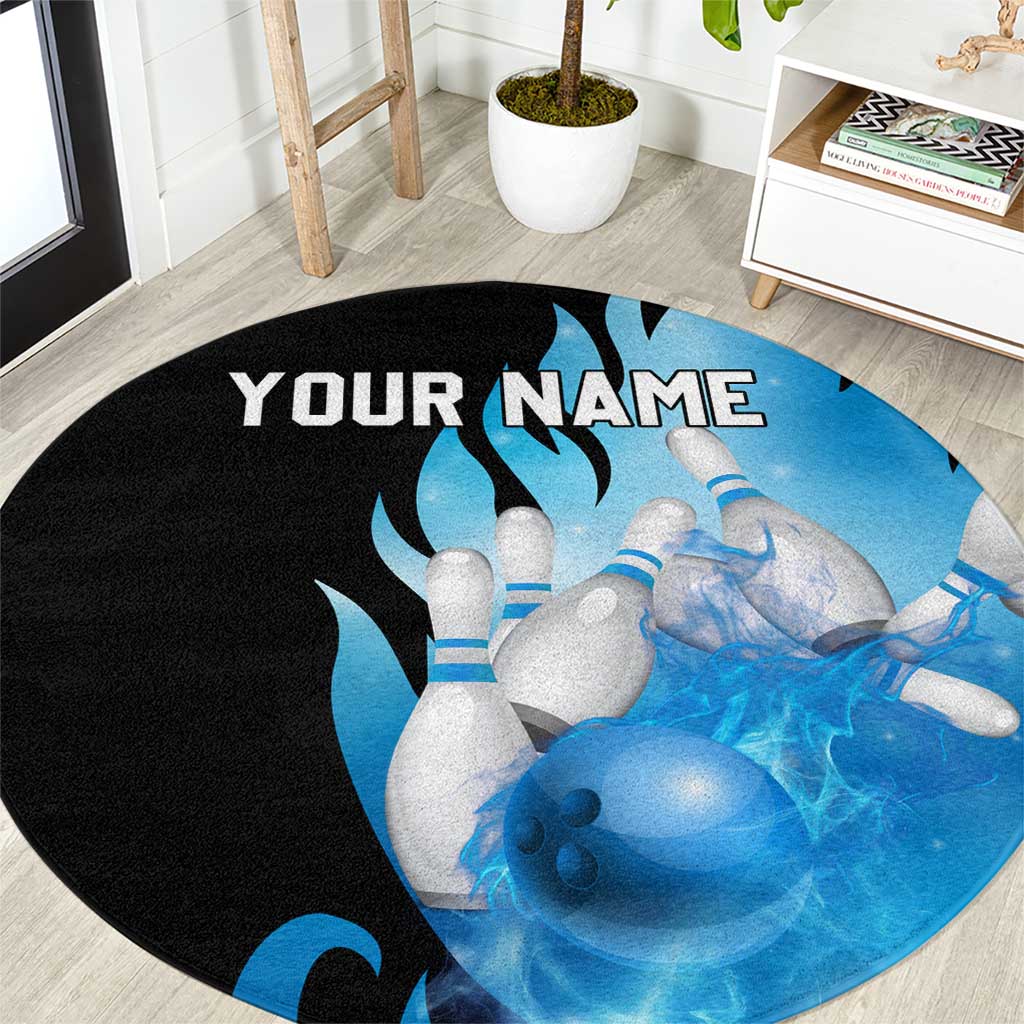 Blue Flame Bowling Ball and Pins Design Round Carpet with Smoke Effects and Custom Team Name Text - Wonder Print Shop
