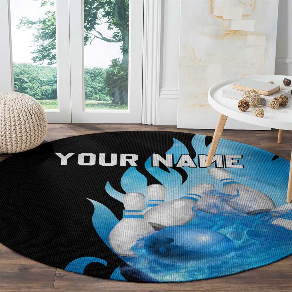 Blue Flame Bowling Ball and Pins Design Round Carpet with Smoke Effects and Custom Team Name Text - Wonder Print Shop