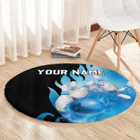 Blue Flame Bowling Ball and Pins Design Round Carpet with Smoke Effects and Custom Team Name Text - Wonder Print Shop