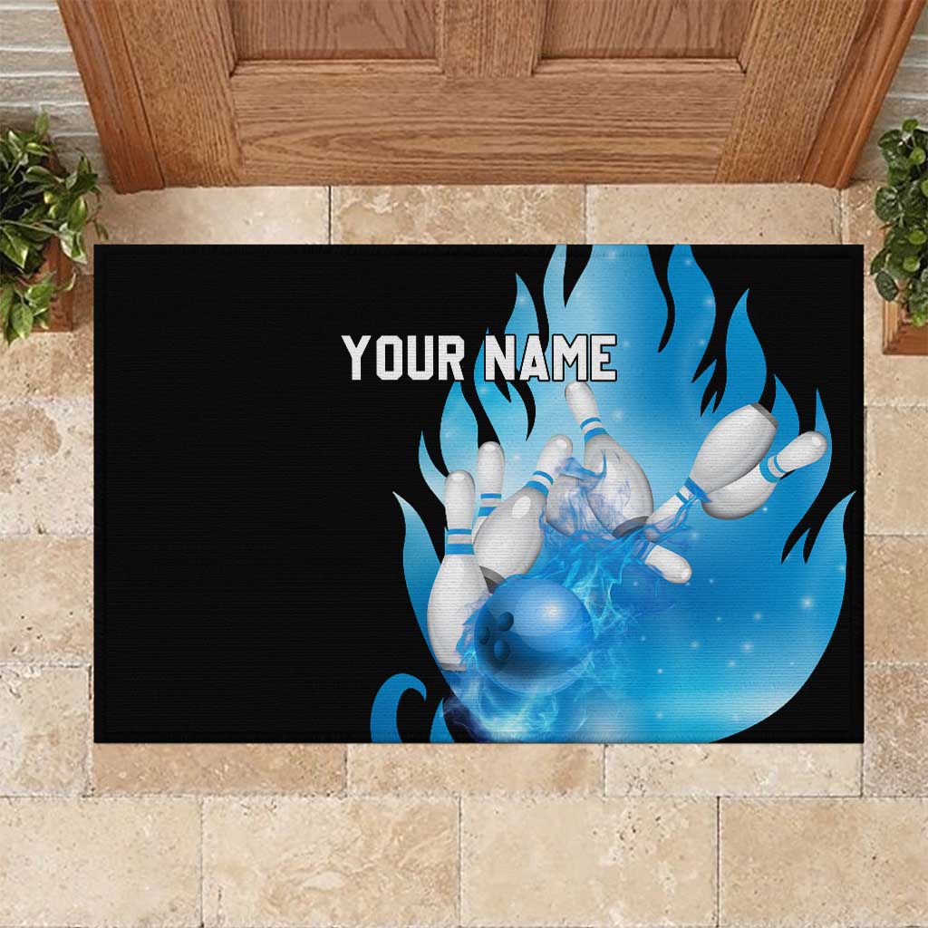 Blue Flame Bowling Ball and Pins Design Rubber Doormat with Smoke Effects and Custom Team Name Text - Wonder Print Shop