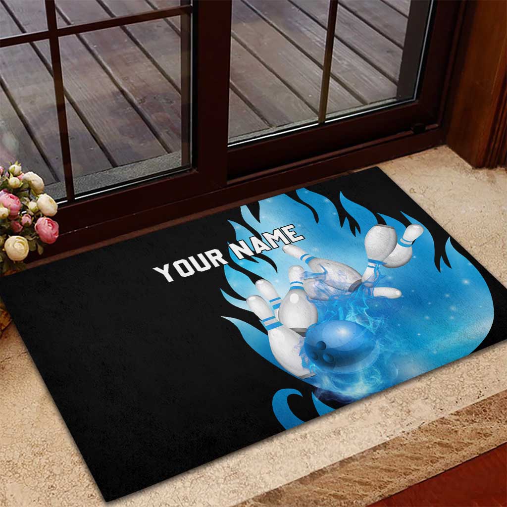 Blue Flame Bowling Ball and Pins Design Rubber Doormat with Smoke Effects and Custom Team Name Text - Wonder Print Shop