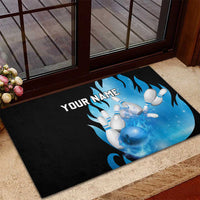 Blue Flame Bowling Ball and Pins Design Rubber Doormat with Smoke Effects and Custom Team Name Text - Wonder Print Shop