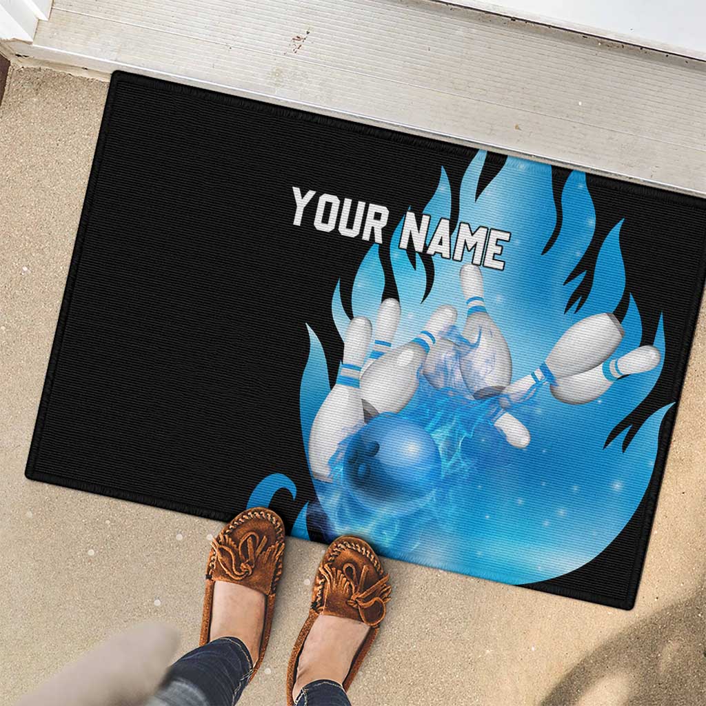 Blue Flame Bowling Ball and Pins Design Rubber Doormat with Smoke Effects and Custom Team Name Text - Wonder Print Shop