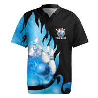 Blue Flame Bowling Ball and Pins Design Rugby Jersey with Smoke Effects and Custom Team Name Text - Wonder Print Shop