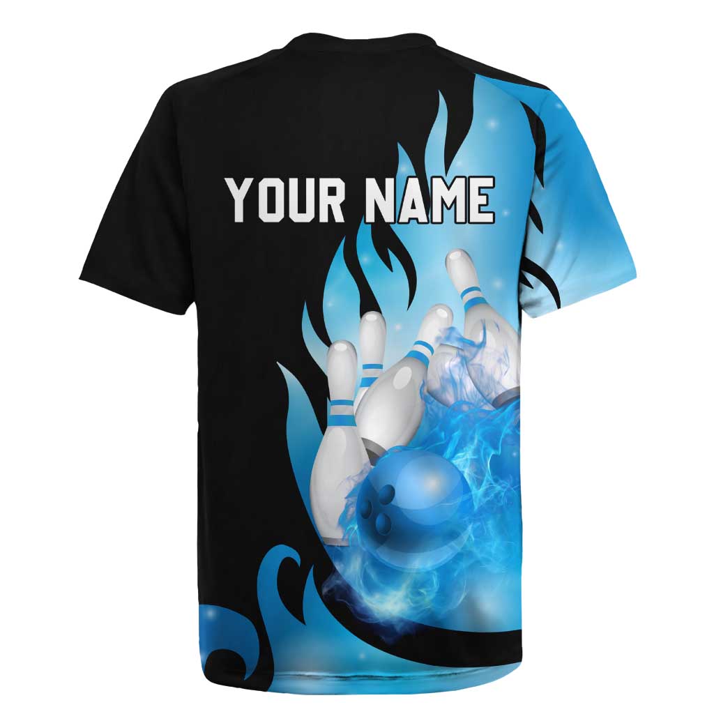 Blue Flame Bowling Ball and Pins Design Rugby Jersey with Smoke Effects and Custom Team Name Text - Wonder Print Shop