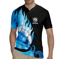 Blue Flame Bowling Ball and Pins Design Rugby Jersey with Smoke Effects and Custom Team Name Text - Wonder Print Shop