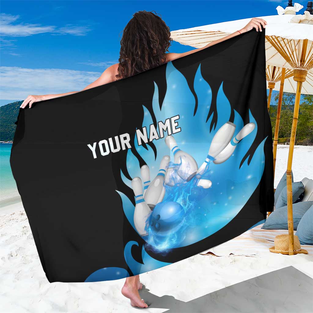 Blue Flame Bowling Ball and Pins Design Sarong with Smoke Effects and Custom Team Name Text - Wonder Print Shop