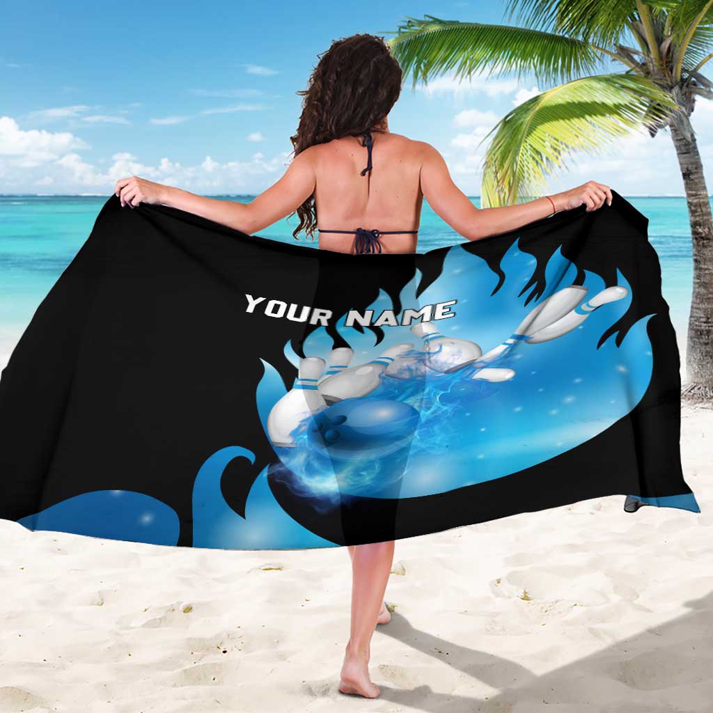 Blue Flame Bowling Ball and Pins Design Sarong with Smoke Effects and Custom Team Name Text - Wonder Print Shop
