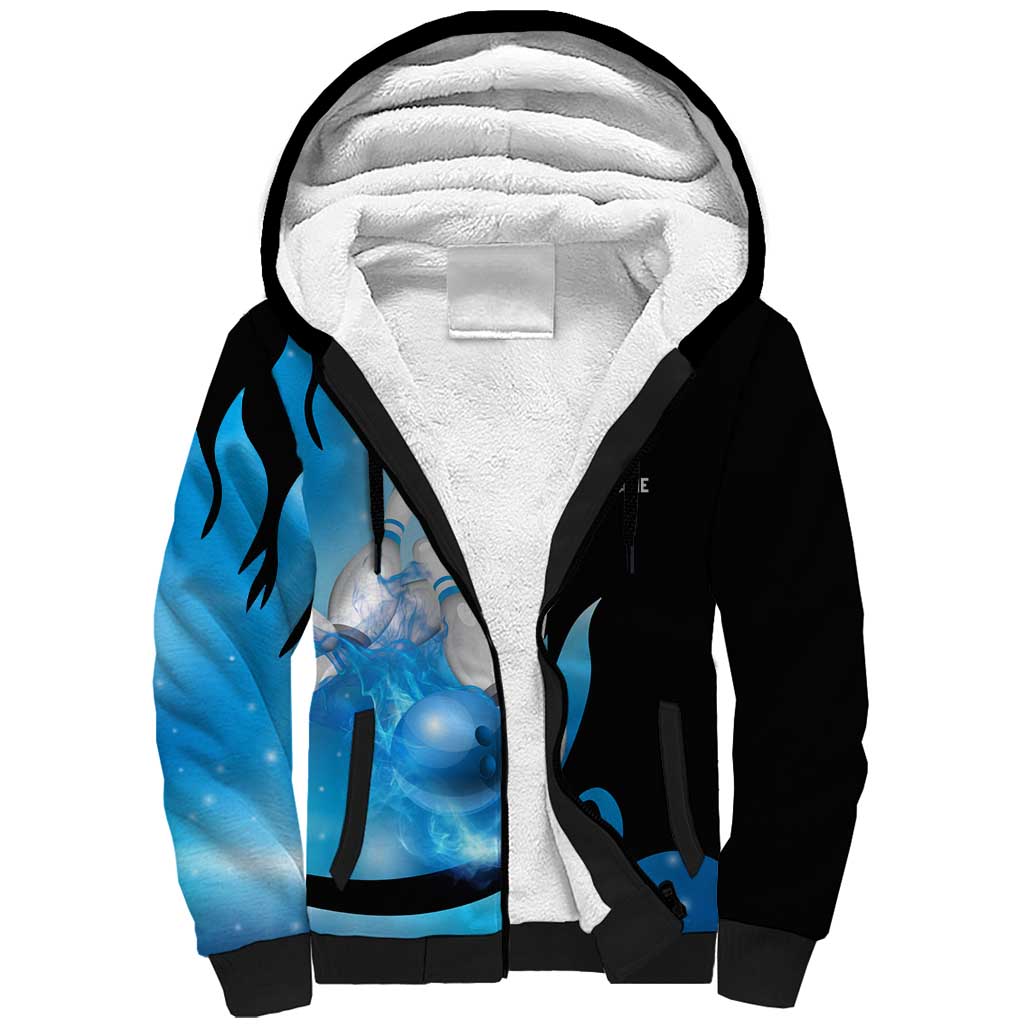 Blue Flame Bowling Ball and Pins Design Sherpa Hoodie with Smoke Effects and Custom Team Name Text - Wonder Print Shop