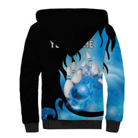 Blue Flame Bowling Ball and Pins Design Sherpa Hoodie with Smoke Effects and Custom Team Name Text - Wonder Print Shop