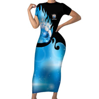 Blue Flame Bowling Ball and Pins Design Short Sleeve Bodycon Dress with Smoke Effects and Custom Team Name Text - Wonder Print Shop