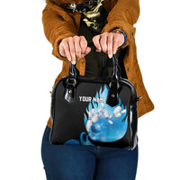 Blue Flame Bowling Ball and Pins Design Shoulder Handbag with Smoke Effects and Custom Team Name Text - Wonder Print Shop