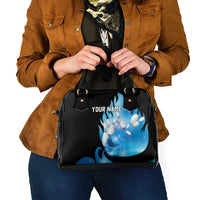 Blue Flame Bowling Ball and Pins Design Shoulder Handbag with Smoke Effects and Custom Team Name Text - Wonder Print Shop