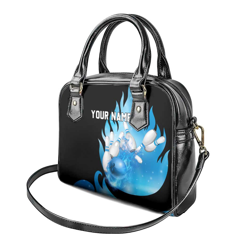 Blue Flame Bowling Ball and Pins Design Shoulder Handbag with Smoke Effects and Custom Team Name Text - Wonder Print Shop