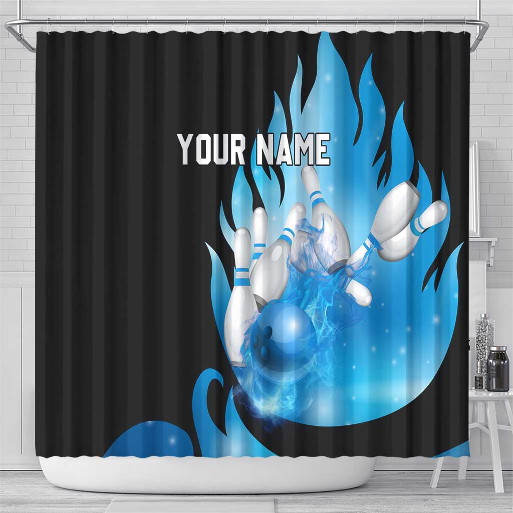 Blue Flame Bowling Ball and Pins Design Shower Curtain with Smoke Effects and Custom Team Name Text - Wonder Print Shop