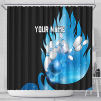 Blue Flame Bowling Ball and Pins Design Shower Curtain with Smoke Effects and Custom Team Name Text - Wonder Print Shop