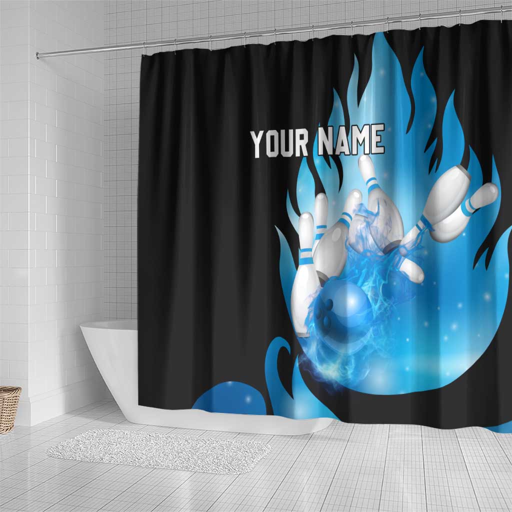 Blue Flame Bowling Ball and Pins Design Shower Curtain with Smoke Effects and Custom Team Name Text - Wonder Print Shop
