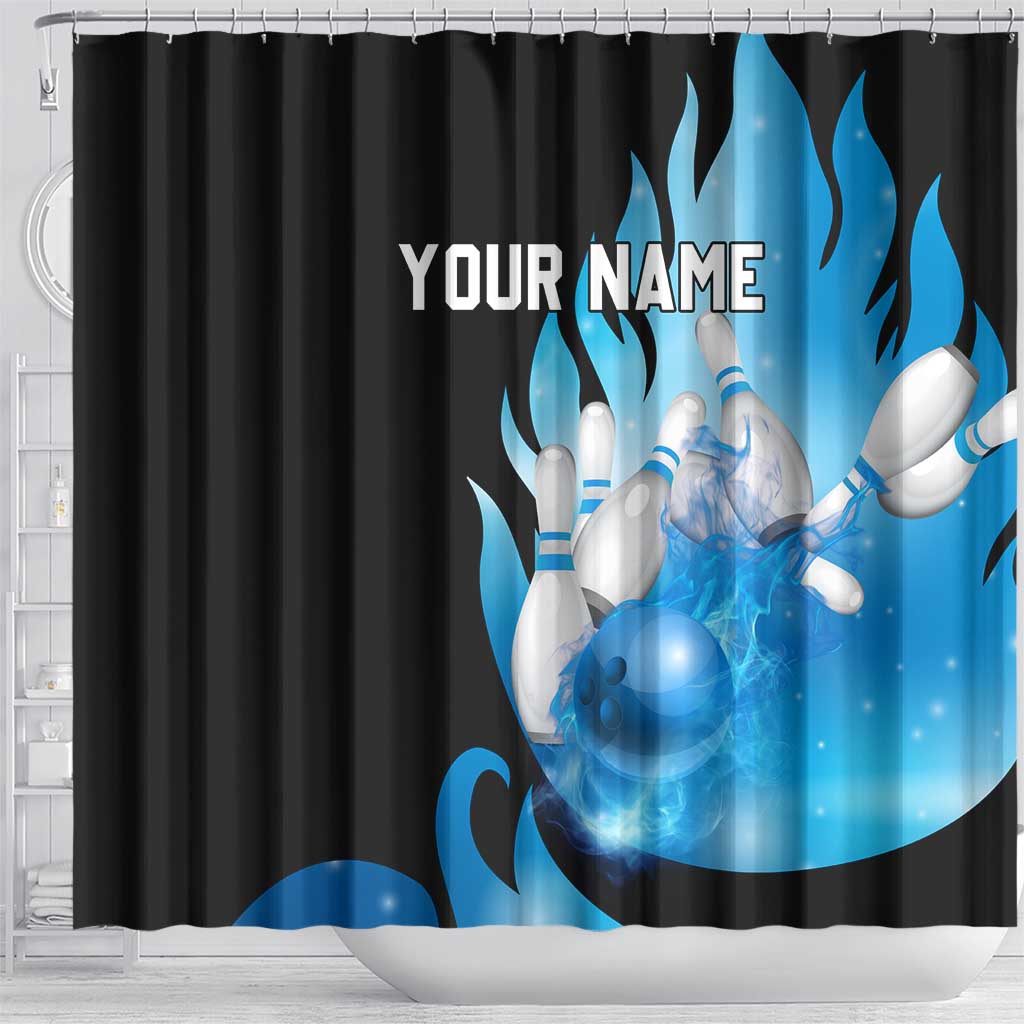 Blue Flame Bowling Ball and Pins Design Shower Curtain with Smoke Effects and Custom Team Name Text - Wonder Print Shop