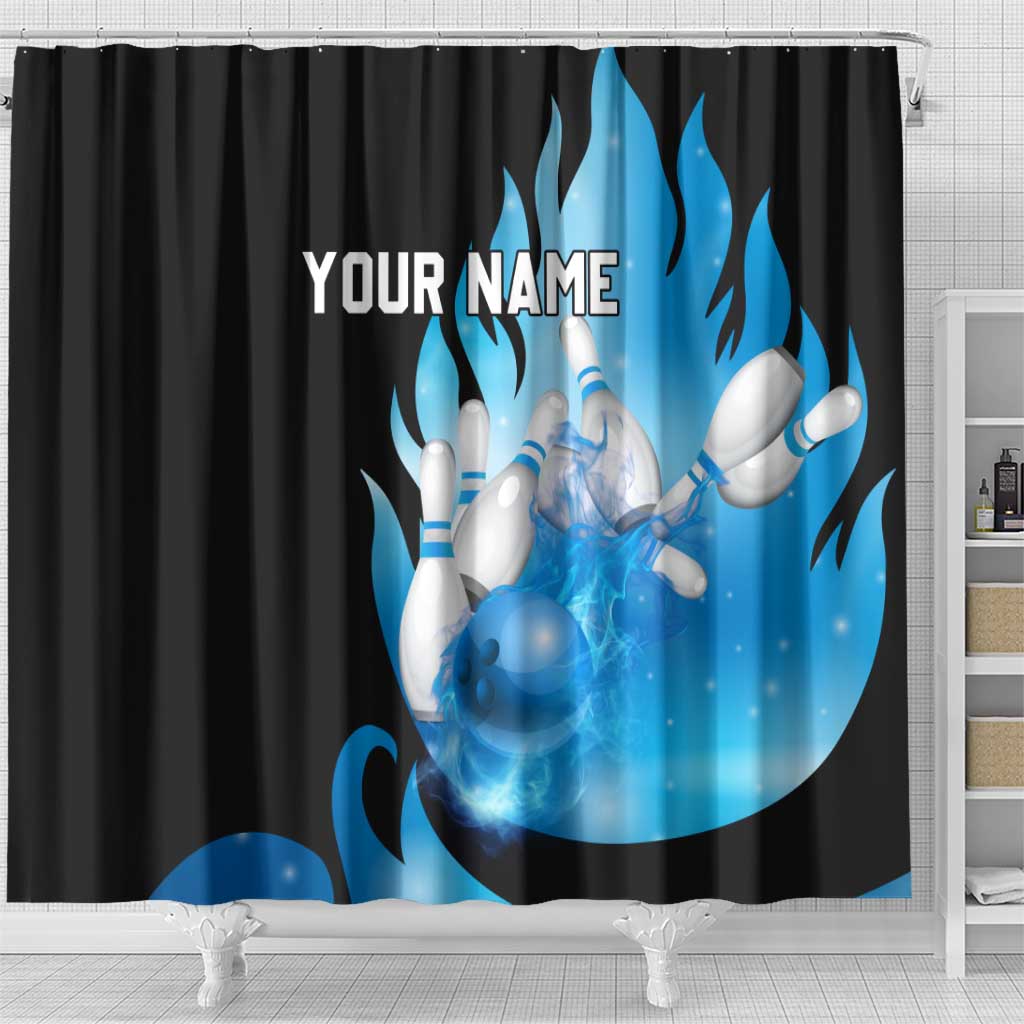 Blue Flame Bowling Ball and Pins Design Shower Curtain with Smoke Effects and Custom Team Name Text - Wonder Print Shop