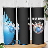 Blue Flame Bowling Ball and Pins Design Skinny Tumbler with Smoke Effects and Custom Team Name Text - Wonder Print Shop