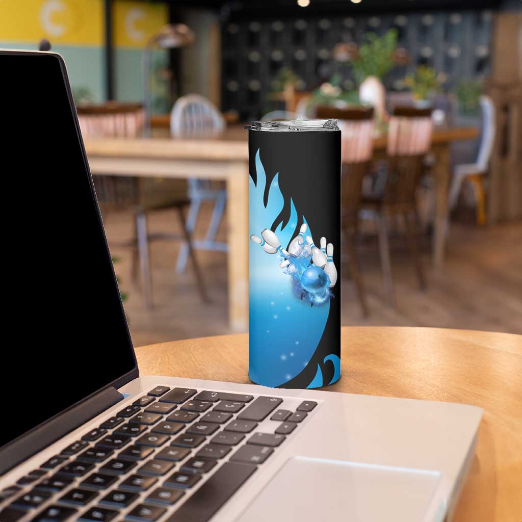 Blue Flame Bowling Ball and Pins Design Skinny Tumbler with Smoke Effects and Custom Team Name Text - Wonder Print Shop