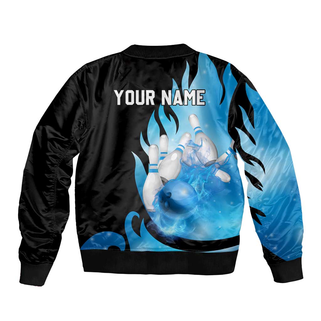 Blue Flame Bowling Ball and Pins Design Sleeve Zip Bomber Jacket with Smoke Effects and Custom Team Name Text - Wonder Print Shop