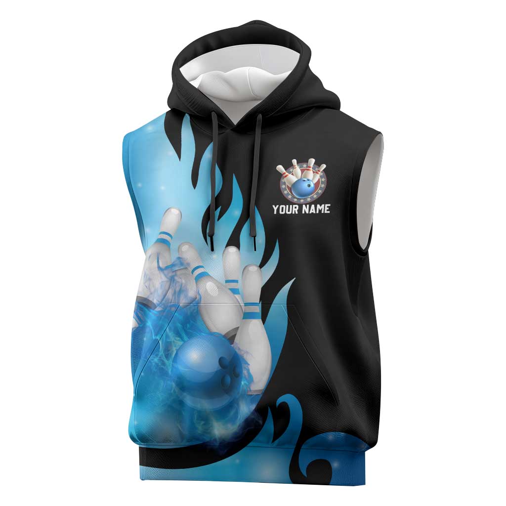Blue Flame Bowling Ball and Pins Design Sleeveless Hoodie with Smoke Effects and Custom Team Name Text - Wonder Print Shop