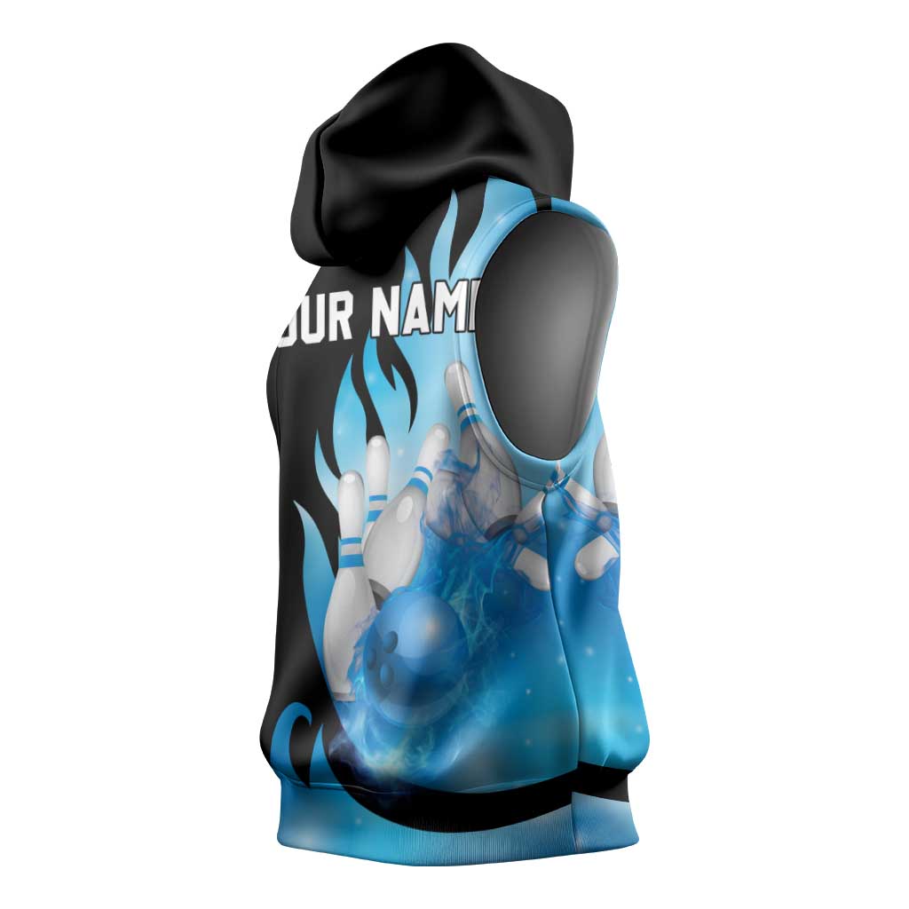 Blue Flame Bowling Ball and Pins Design Sleeveless Hoodie with Smoke Effects and Custom Team Name Text - Wonder Print Shop