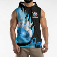 Blue Flame Bowling Ball and Pins Design Sleeveless Hoodie with Smoke Effects and Custom Team Name Text - Wonder Print Shop