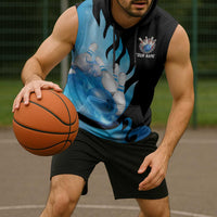 Blue Flame Bowling Ball and Pins Design Sleeveless Hoodie with Smoke Effects and Custom Team Name Text - Wonder Print Shop