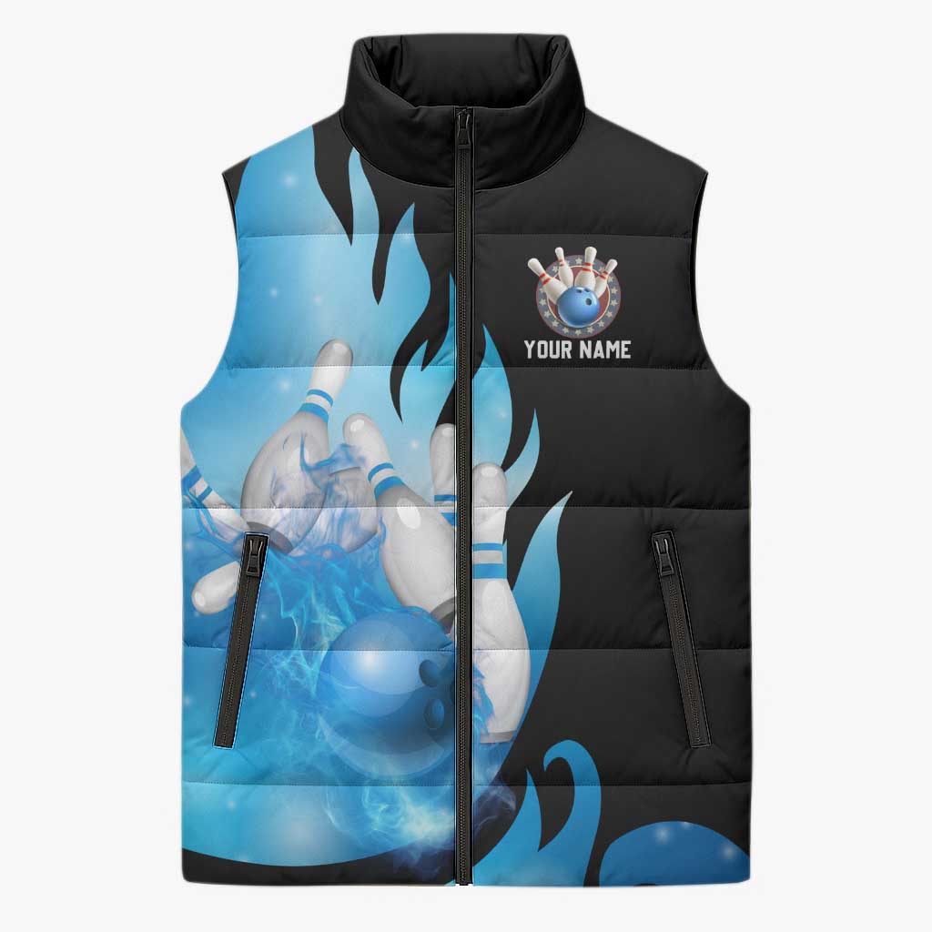 Blue Flame Bowling Ball and Pins Design Sleeveless Puffer Jacket with Smoke Effects and Custom Team Name Text - Wonder Print Shop