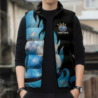 Blue Flame Bowling Ball and Pins Design Sleeveless Puffer Jacket with Smoke Effects and Custom Team Name Text - Wonder Print Shop