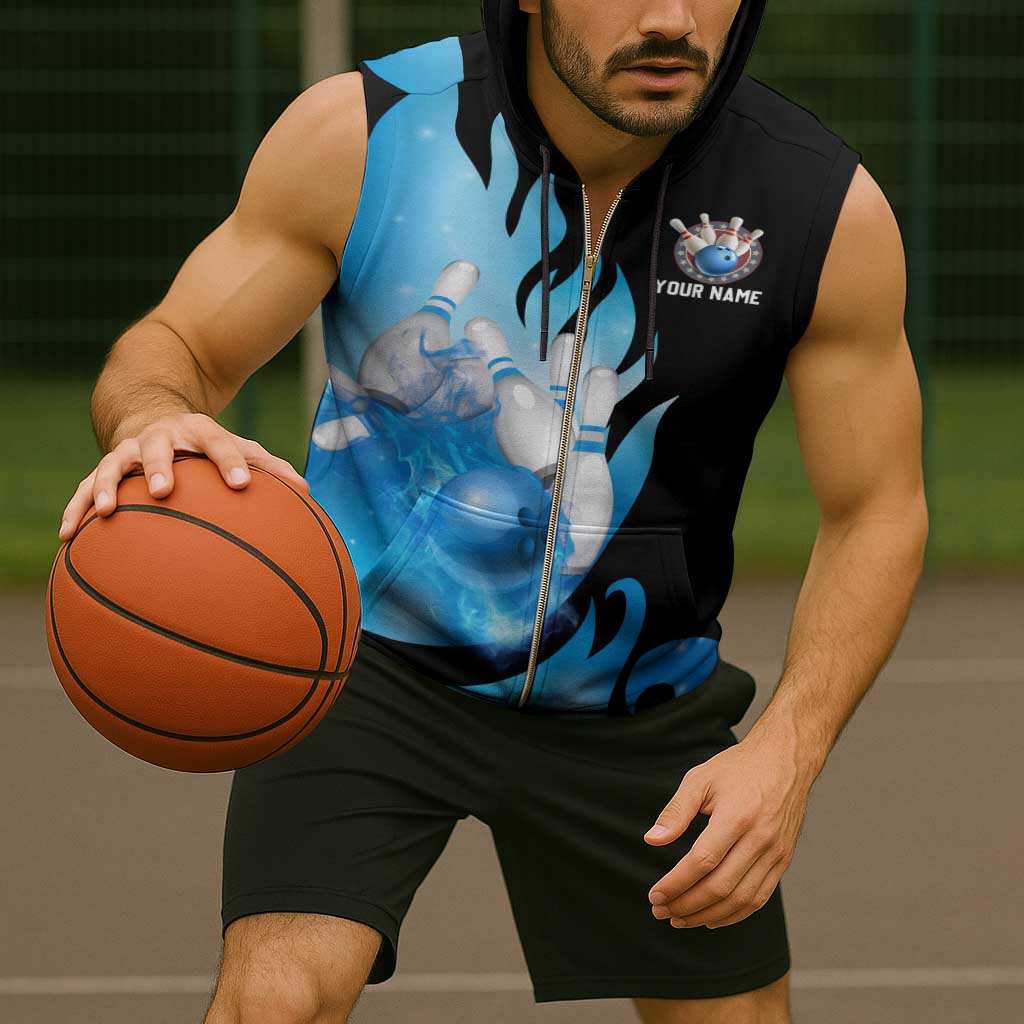 Blue Flame Bowling Ball and Pins Design Sleeveless Zip Hoodie with Smoke Effects and Custom Team Name Text - Wonder Print Shop