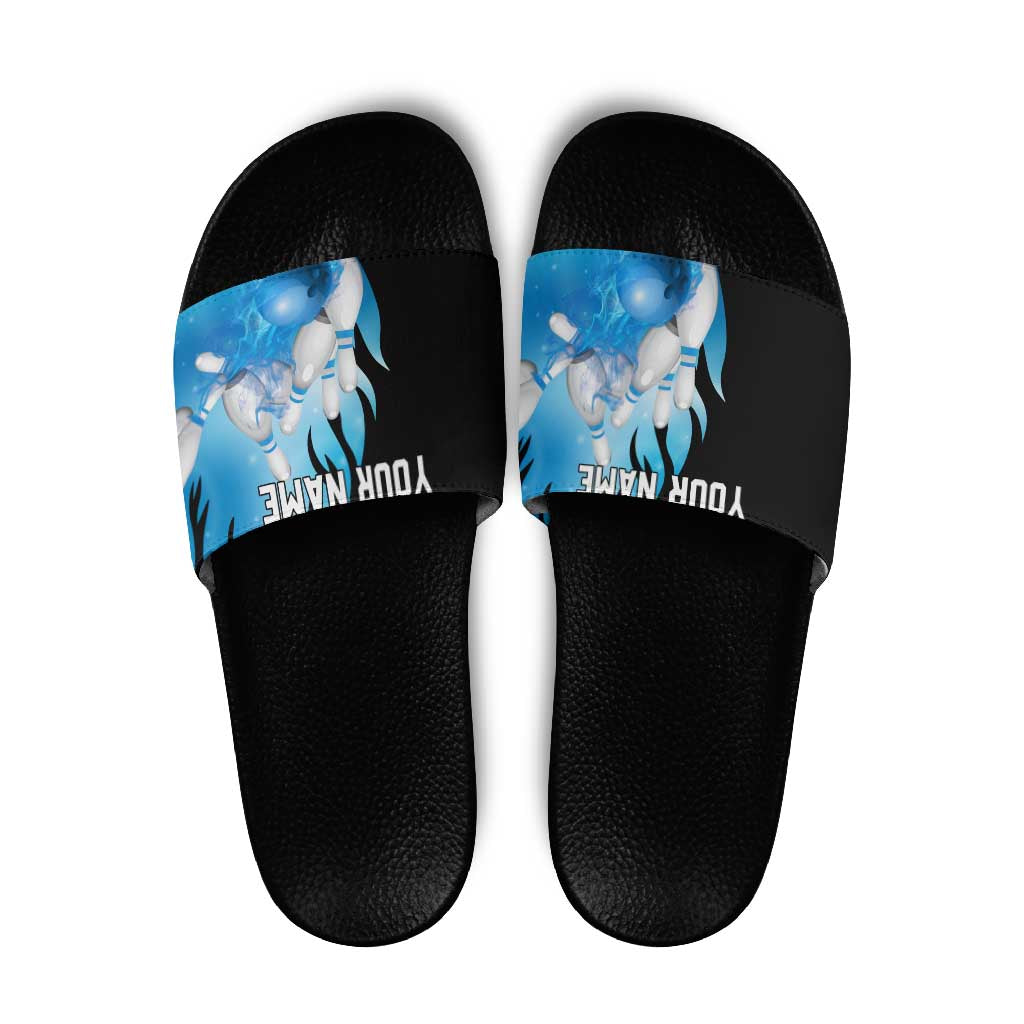 Blue Flame Bowling Ball and Pins Design Slide Sandals with Smoke Effects and Custom Team Name Text - Wonder Print Shop