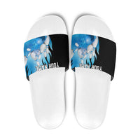 Blue Flame Bowling Ball and Pins Design Slide Sandals with Smoke Effects and Custom Team Name Text - Wonder Print Shop