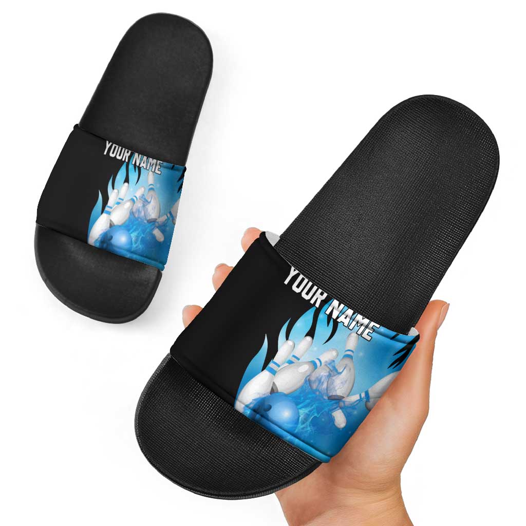 Blue Flame Bowling Ball and Pins Design Slide Sandals with Smoke Effects and Custom Team Name Text - Wonder Print Shop