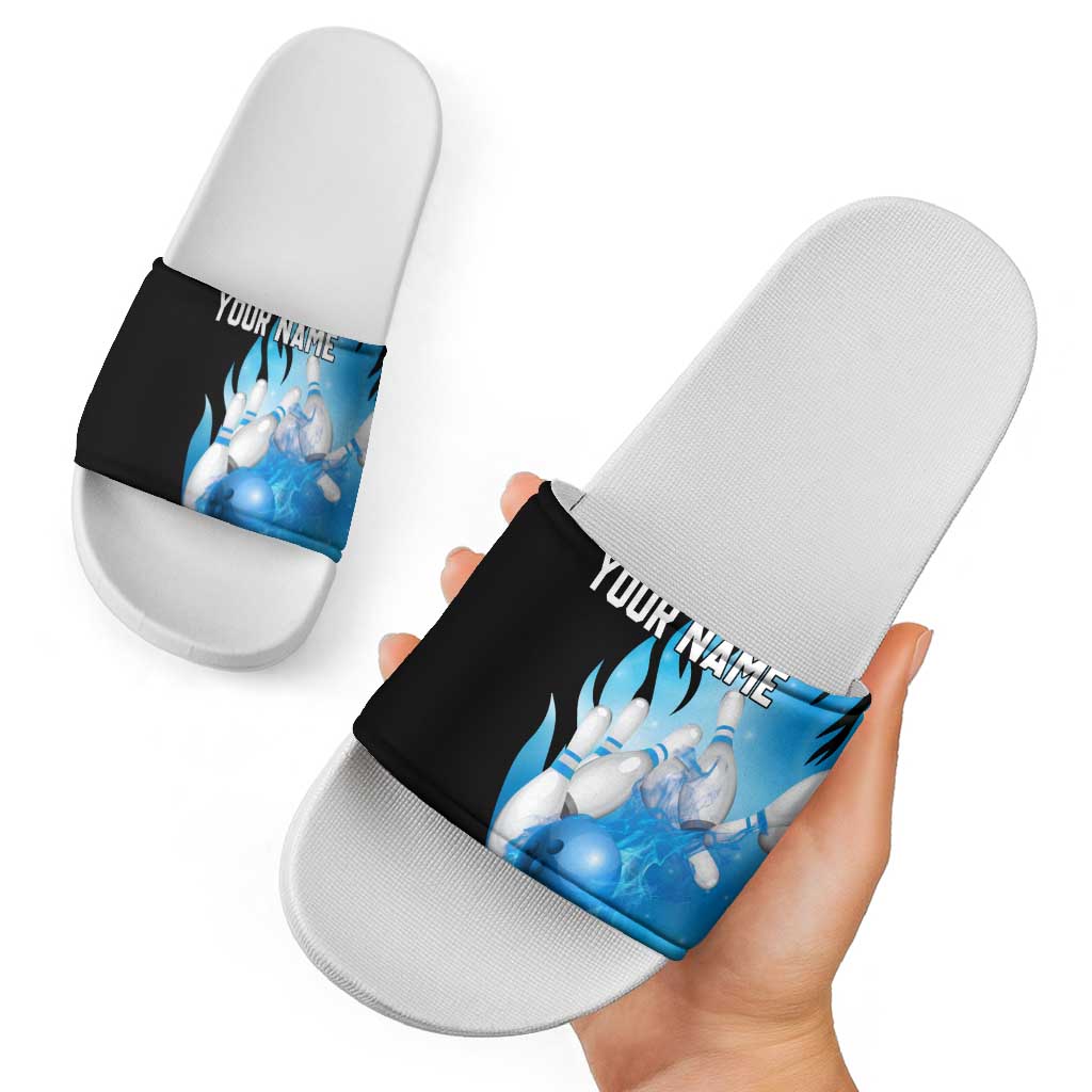 Blue Flame Bowling Ball and Pins Design Slide Sandals with Smoke Effects and Custom Team Name Text - Wonder Print Shop