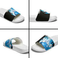 Blue Flame Bowling Ball and Pins Design Slide Sandals with Smoke Effects and Custom Team Name Text - Wonder Print Shop