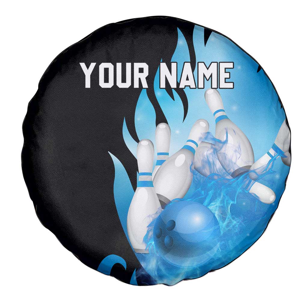 Blue Flame Bowling Ball and Pins Design Spare Tire Cover with Smoke Effects and Custom Team Name Text - Wonder Print Shop