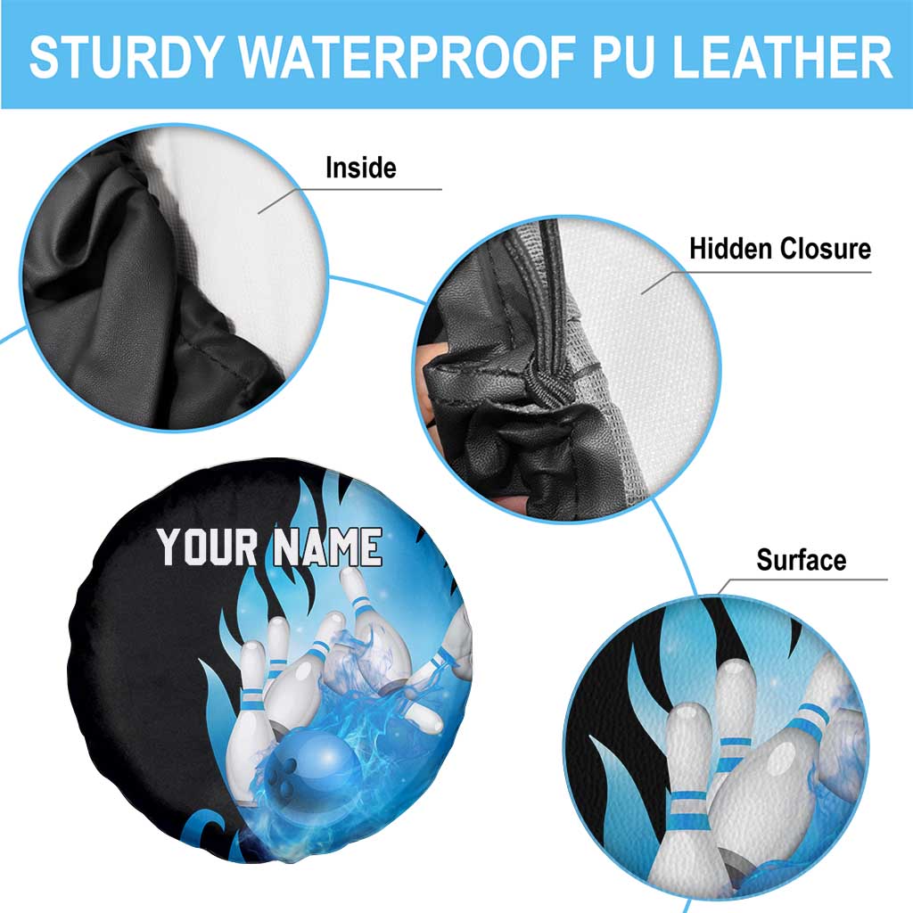 Blue Flame Bowling Ball and Pins Design Spare Tire Cover with Smoke Effects and Custom Team Name Text - Wonder Print Shop