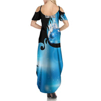 Blue Flame Bowling Ball and Pins Design Summer Maxi Dress with Smoke Effects and Custom Team Name Text - Wonder Print Shop